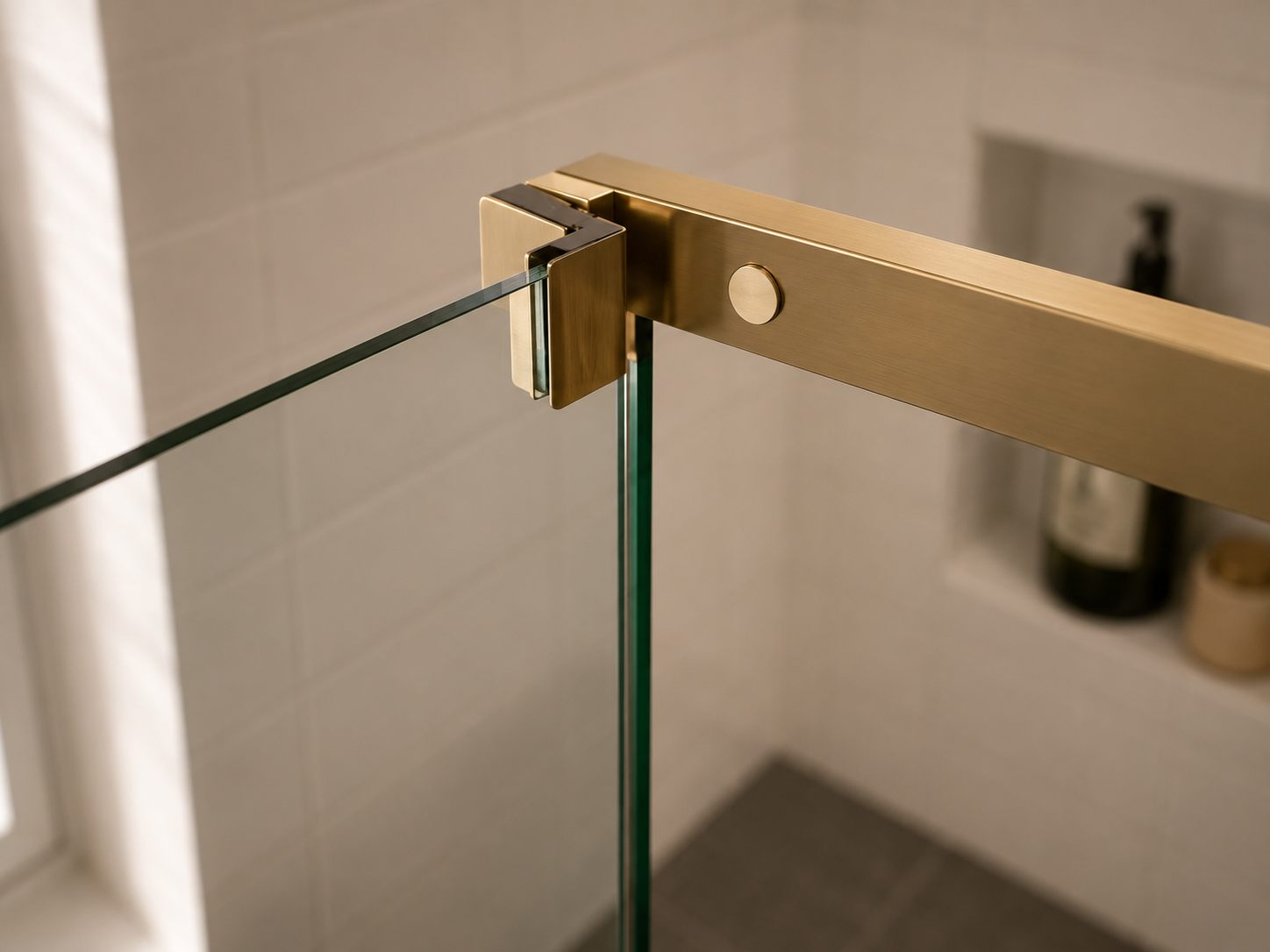 Close view of clear glass and shower-door hardware