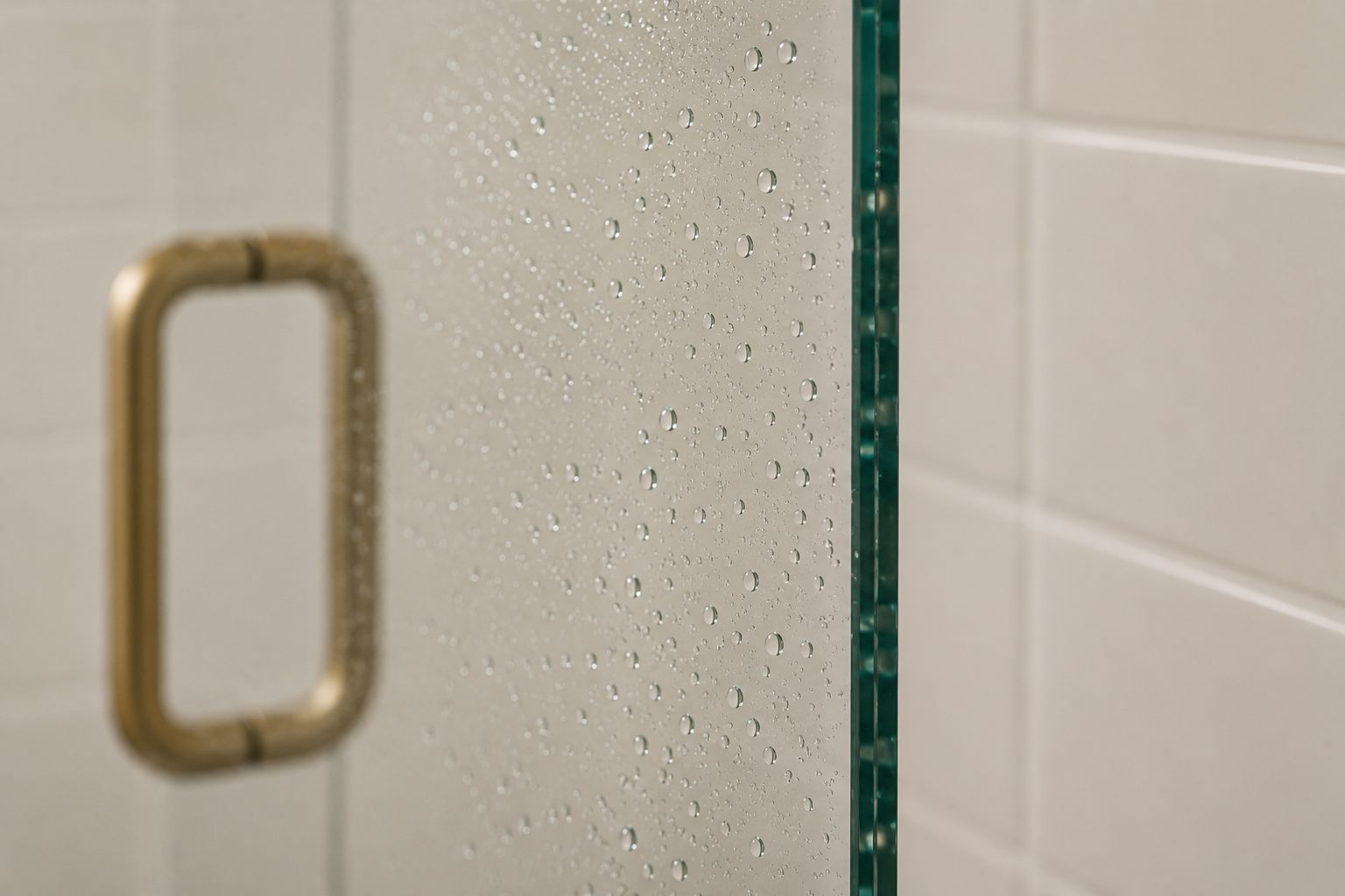 Close view of clear shower glass and metal hardware