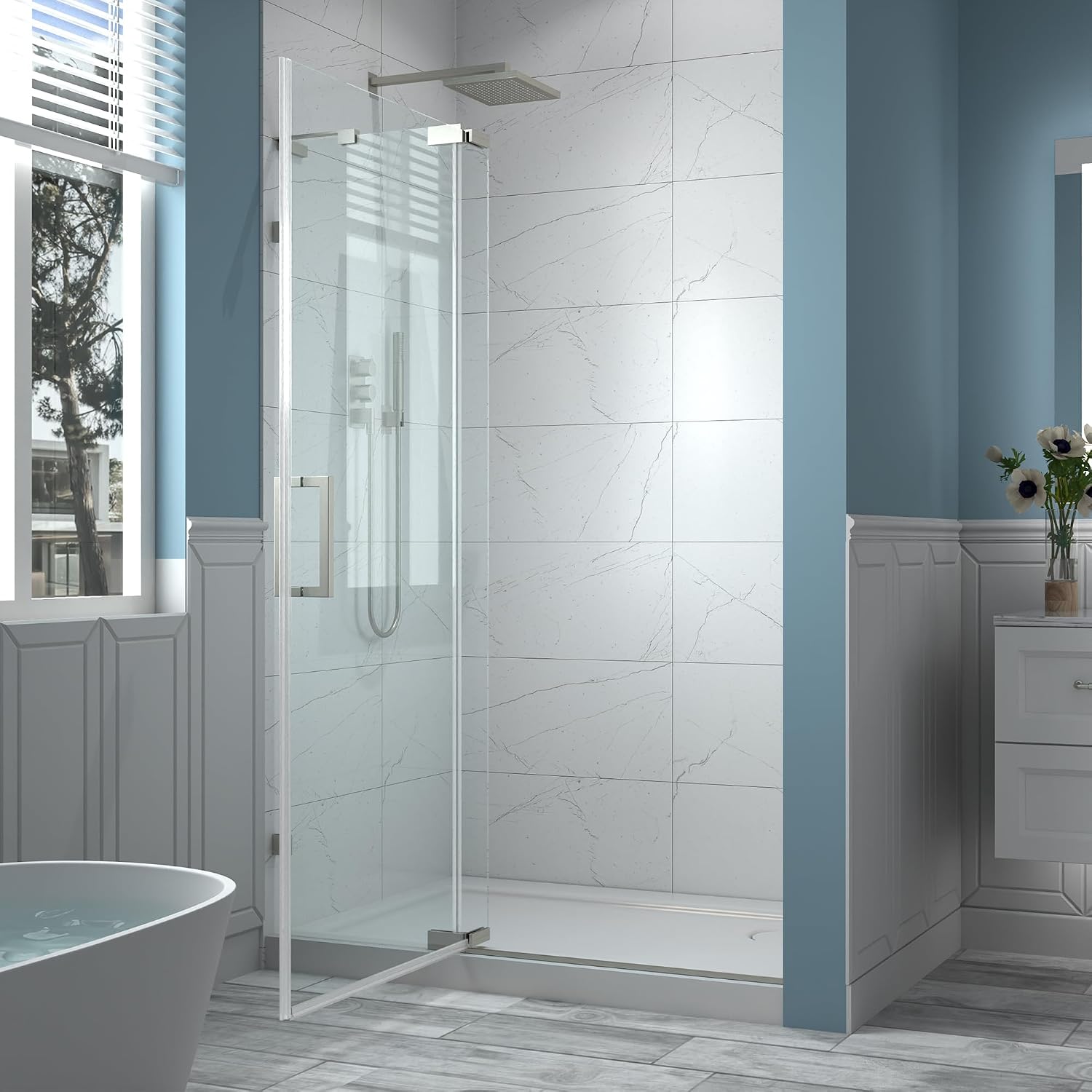 Frameless Pivot Shower Door, Brushed Nickel