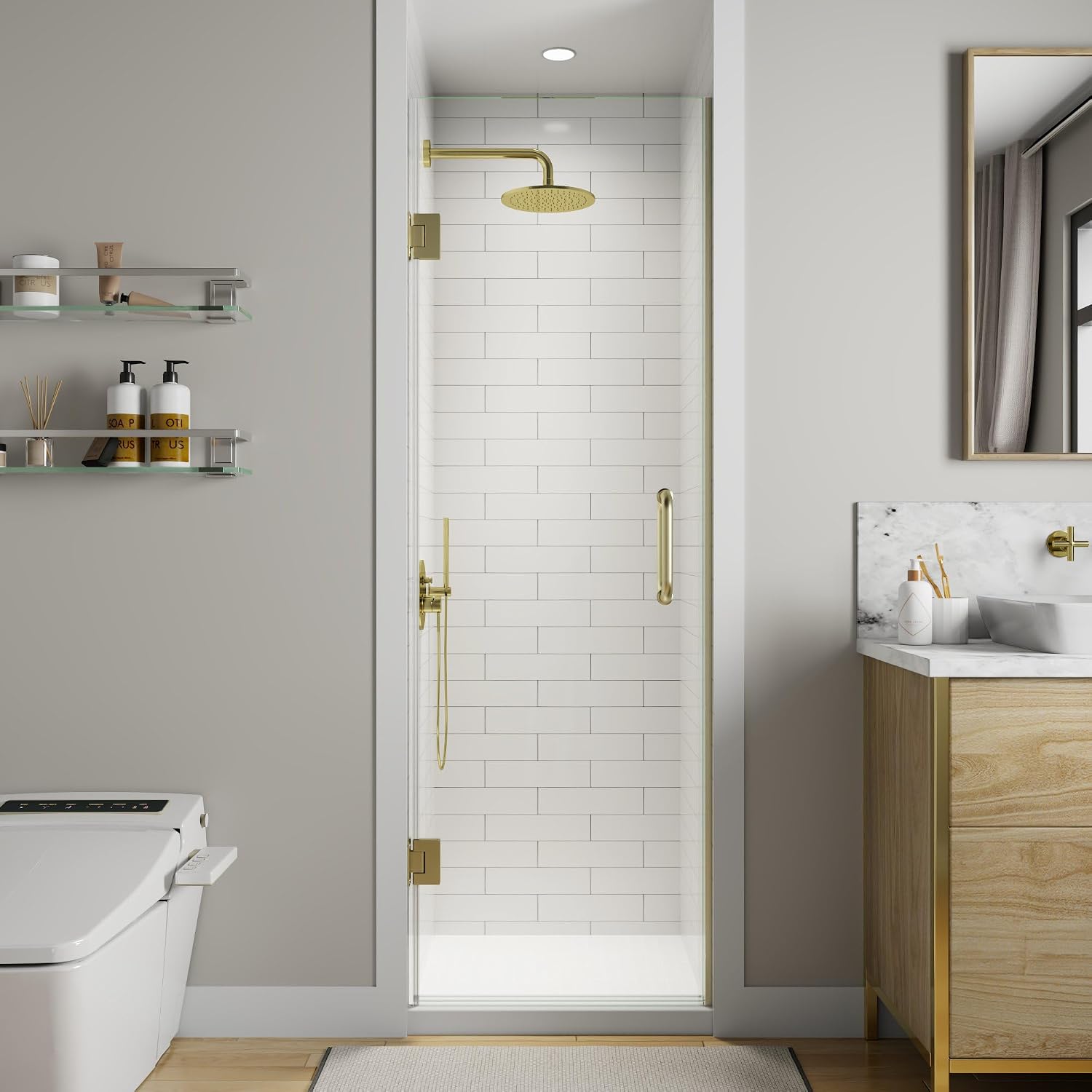Frameless Pivot Hinged Shower Door, Brushed Gold