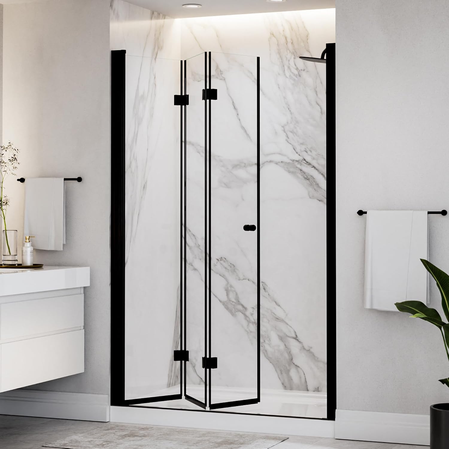 Frameless Tri-Fold Shower Door, Matte Black